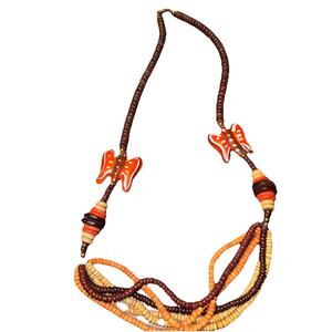 30" Hand Painted WOOD Bead BUTTERFLY Necklace VTG Unique Retro ARTISTIC Trendy